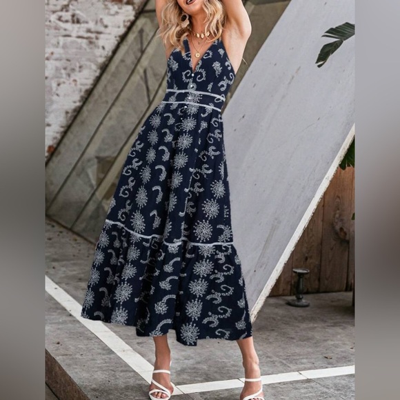 Simplee Allover Print Ruffle Hem Cami Dress Blue White XL - Picture 2 of 13